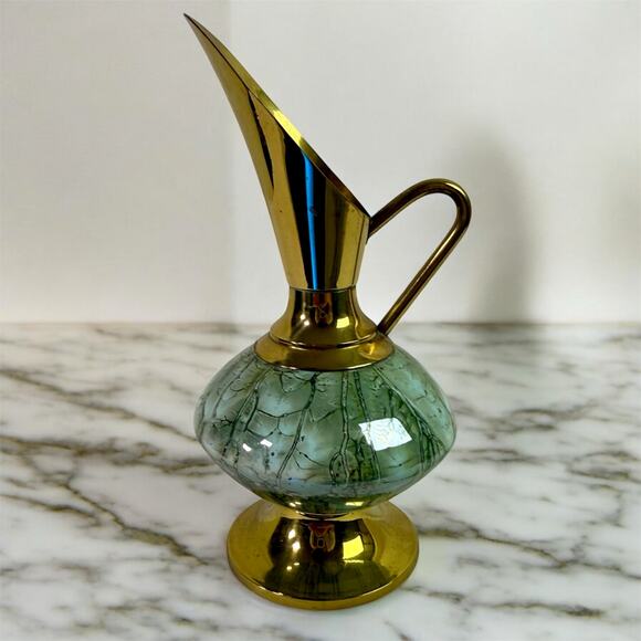 VTG Hand-painted Delft Ware & Brass Ewer Vase 6.25" W.B. Leersum Holland MCM - Picture 1 of 7